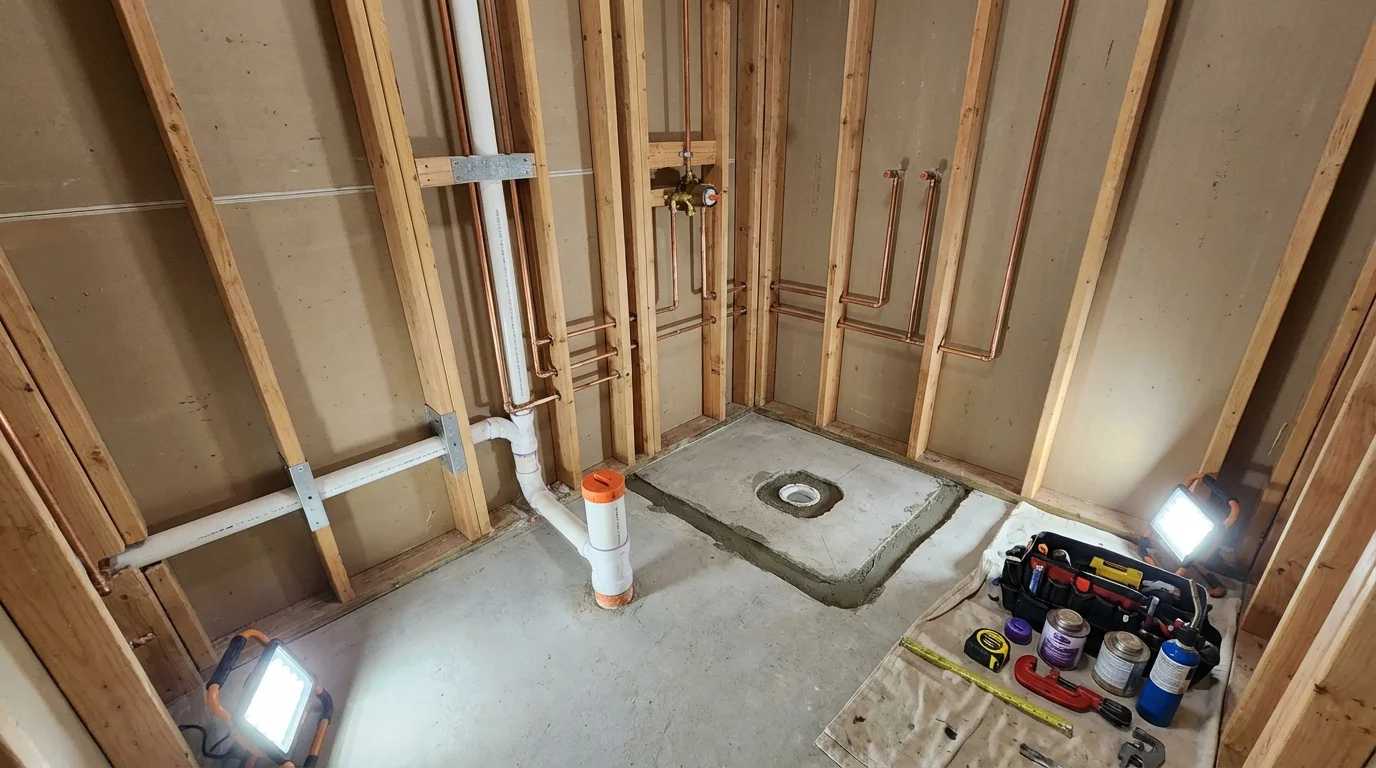 Bathroom rough-in plumbing during remodel by Johns Plumbing LLC in Fairbank