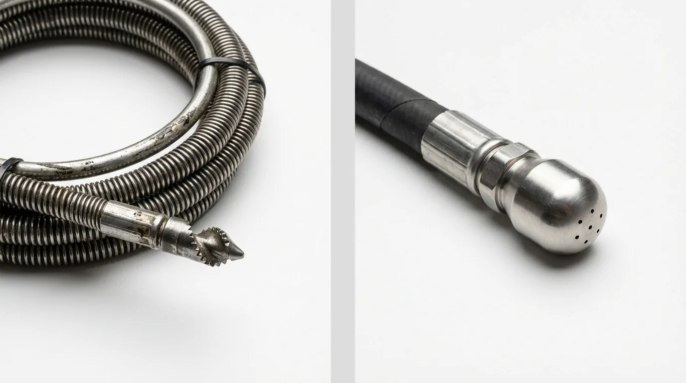 Drain snake cable and hydro jetting nozzle used for drain cleaning in Fairbank, IA