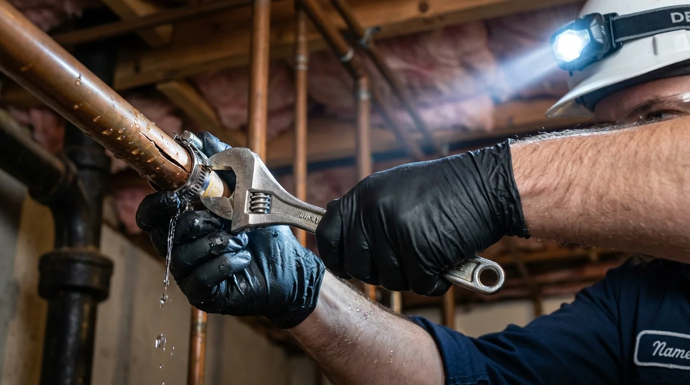 Emergency pipe clamp repair being performed by a Johns Plumbing LLC plumber in Fairbank