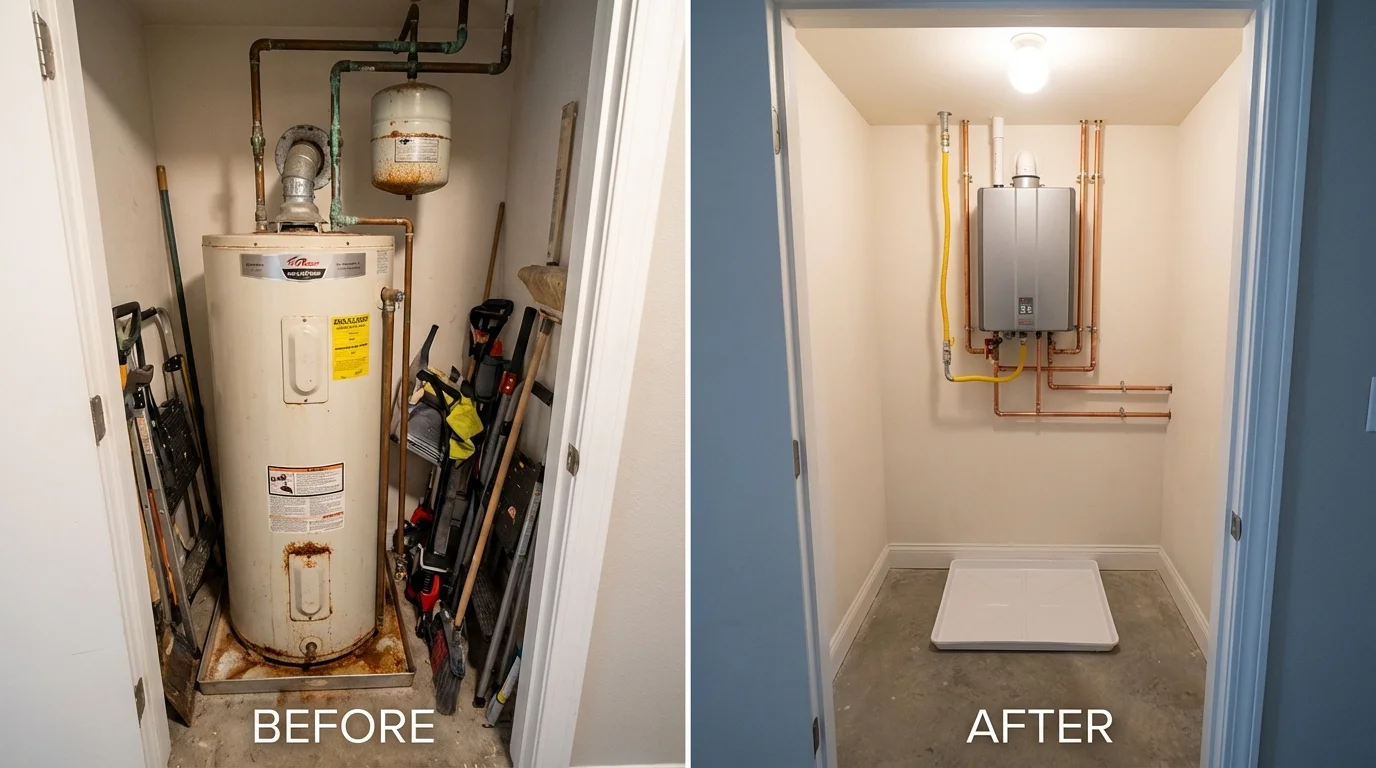 Tank water heater versus wall-mounted tankless unit comparison for Fairbank, IA homeowners