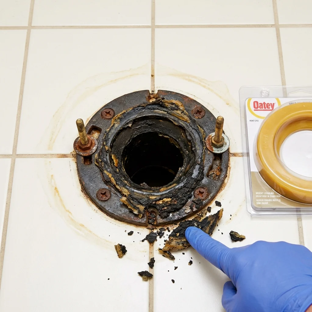 Failed wax ring showing water seepage at the base of a toilet in a Fairbank, IA home