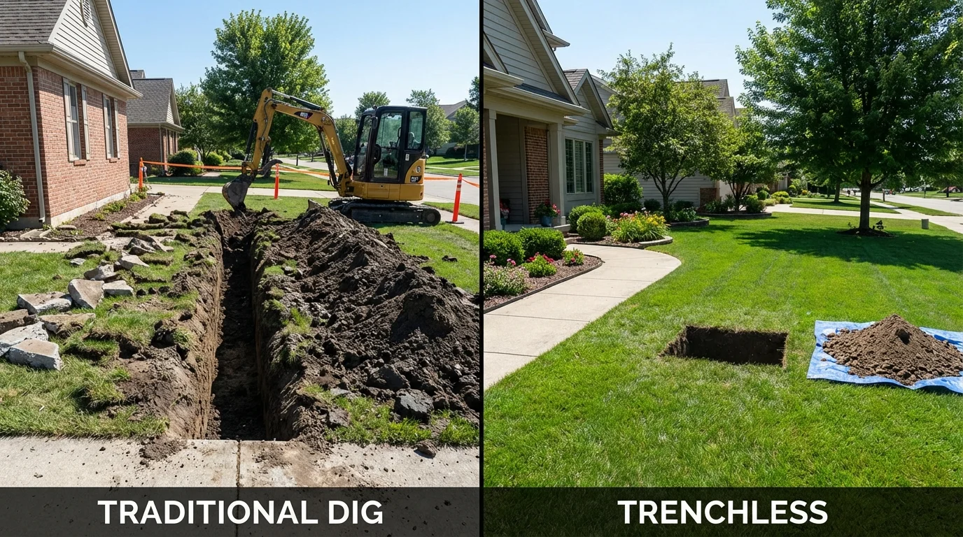 Trenchless sewer repair with minimal yard damage versus traditional excavation in Fairbank, IA