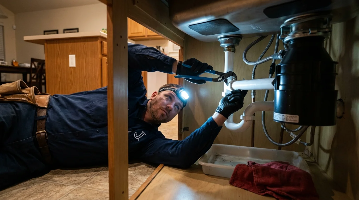 P-trap and supply line connections under a kitchen sink showing a common leak point in Fairbank, IA